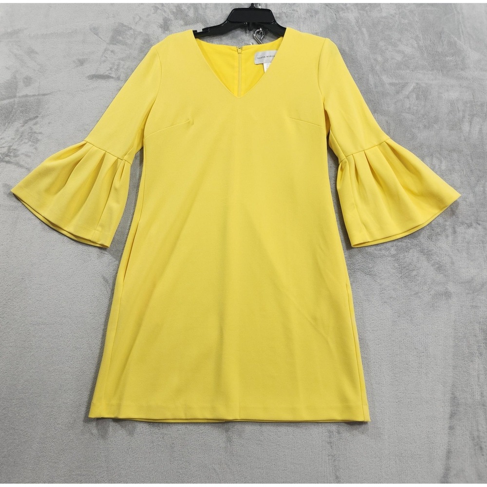 Donna Morgan Dress Women 6 Yellow Bell Sleeve V-Neck Shift Pockets Ruffle Party